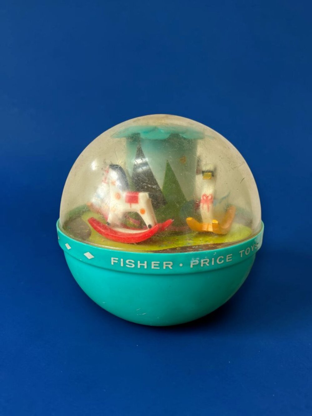 (VIDEO) Vintage Fisher Price Roly Poly Chime Ball Teal Base Baby Toy 1966 #165
